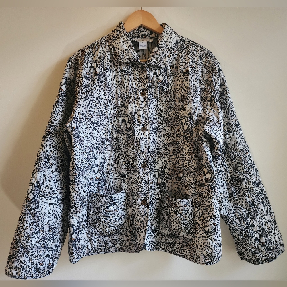 Vintage 80s 90s Silk Snow Leopard Quilted Anna & Frank Reversible Jacket L